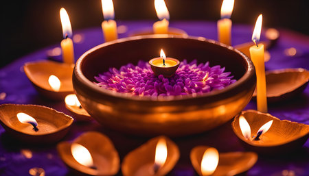 A bowl filled with purple flowers and a lit candle surrounded by other candles on a table with a purple tablecloth.の写真素材
