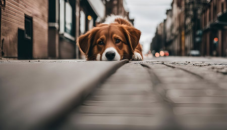 A brown and white dog is laying on a city pavement with it's head down, looking directly at the camera.の写真素材