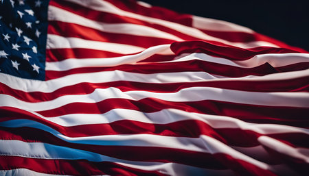 A close-up shot of the American flag, showing its vibrant colors and intricate details. The flag is waving in the wind, creating a sense of movement and energy.の写真素材
