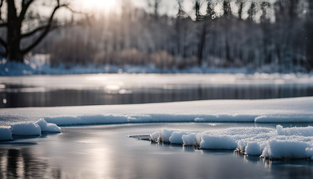 Close-up view of a frozen river, with snow-covered ice on the surface and the sun shining through the trees in the background.の写真素材