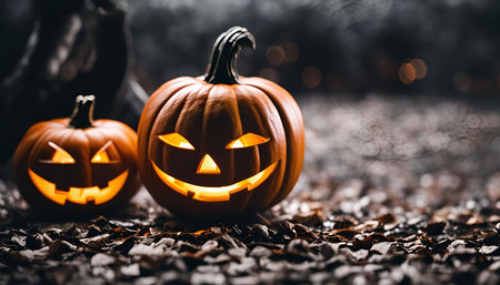 Two jack-o'-lanterns with glowing faces are placed on the ground, surrounded by autumn leaves, creating a spooky and festive atmosphere for Halloween.の写真素材