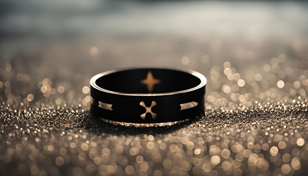 A close-up shot of a black ring with cutouts, lying on a sparkly surface. The ring features a simple design with a cutout pattern, highlighting its black color against the bright, shimmering background.の写真素材
