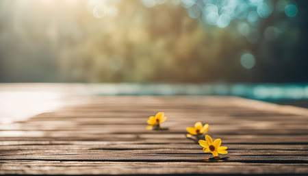 A close-up of three yellow flowers lying on a wooden deck, with a blurred background of water.
