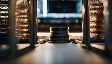 A close-up shot of a camera lens, showing its intricate details and technology.