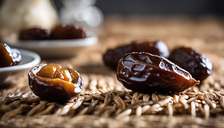 A close-up image of delicious dates on a wicker mat. The dates are dark brown and glossy, with a...