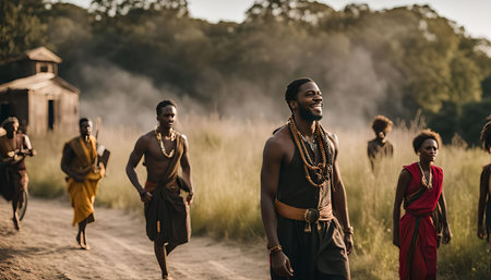 A group of African men walking in a grassy field, the men are wearing traditional clothing and appear to be on a journey. The image captures the spirit of adventure and explorationの写真素材