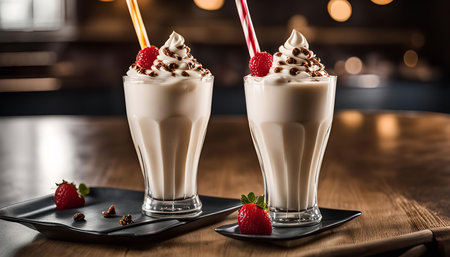 A close-up shot of two milkshakes with whipped cream, chocolate sprinkles, and a raspberry on top....
