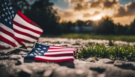 Two American flags laying on the ground in a grassy area at sunset.の写真素材
