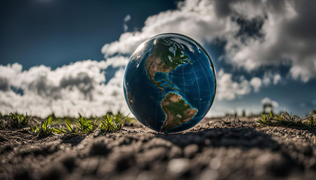 A glass globe model of the earth rests on the ground with a cloudy sky in the background.の写真素材