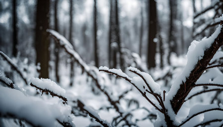 Close-up of a snow-covered branch in a wintery forest.の写真素材