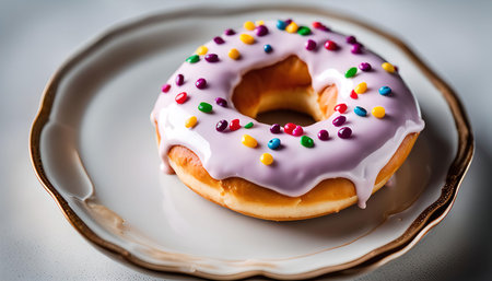 A close-up image of a single donut, glazed and sprinkled, on a white plate. The donut is perfectly crafted, with a soft and fluffy texture.の写真素材