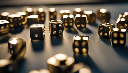 A collection of golden dice scattered on a blue surface. The dice have different numbers showing,...