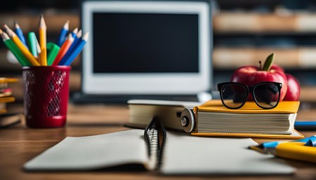 A close-up view of a desk with a notebook, a book, pencils, an apple, and glasses. This image evokes a sense of learning and knowledge.の写真素材