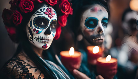 Two women with intricate Day of the Dead makeup, one with red roses on her head and the other with teal blue painted eyes.の写真素材