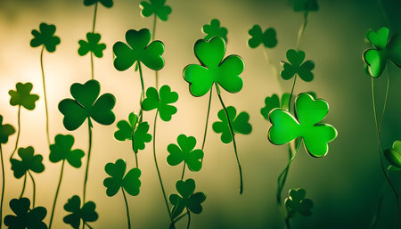 A pattern of shamrock leaves in green against a soft, yellowed background.