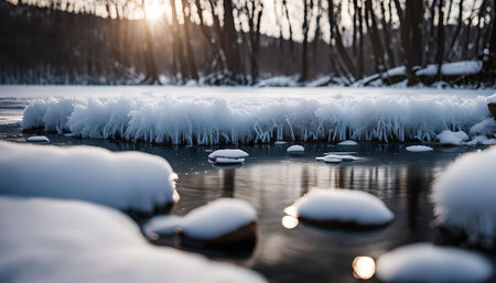 A tranquil frozen river in a snowy landscape, sunlight reflecting on the ice and water, creating a serene winter scene.の写真素材