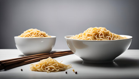 A white bowl filled with noodles on a white table, next to chopsticks.の写真素材