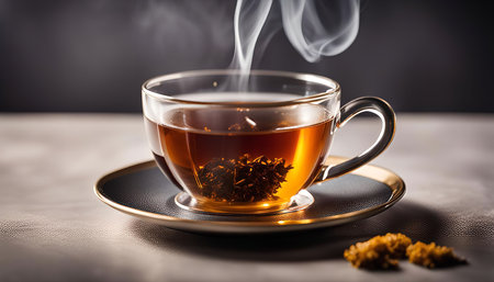 A close-up of a steaming cup of tea, a moment of tranquility and relaxation.の写真素材