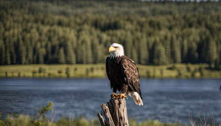 A bald eagle sits perched on a log by the edge of a tranquil lake, showing its majestic presence against a backdrop of lush greenery and blue waters.の写真素材