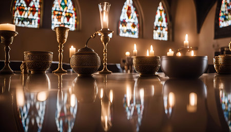 A still life image of a table in a church setting with candles, candlesticks, and other religious objects, showcasing reflections and a warm, soft light.の写真素材