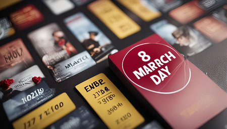 Close-up shot of a red card with a white circle containing the text "8 MARCH DAY", surrounded by other cards.の写真素材