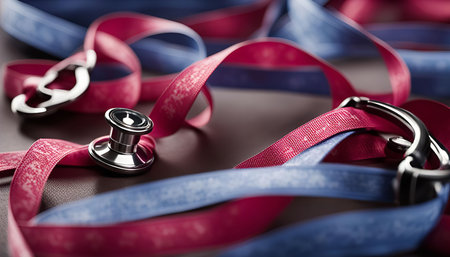 A close-up shot of a stethoscope with red and blue ribbons intertwined. The image represents the importance of health and healthcare.の写真素材
