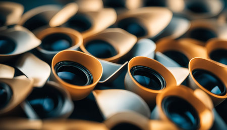 A close-up image showcasing a collection of golden camera lens hoods, arranged in a visually...