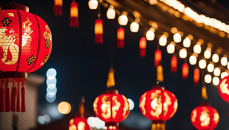 A close-up shot of red Chinese lanterns illuminated at night, hanging in a string. The lanterns are decorated with golden patterns and create a festive and celebratory atmosphere.の写真素材
