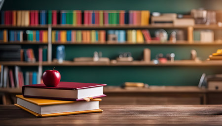 A close-up shot of two books stacked on a wooden table with a red apple on top of the books. The background features a blurred image of a bookshelf filled with books. The image is a still life composition that depicts the themes of learning, education, and knowledge.の写真素材