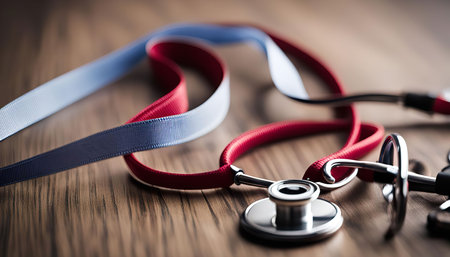 A stethoscope lying on a wooden surface, symbolizing health care and medical professionals.の写真素材