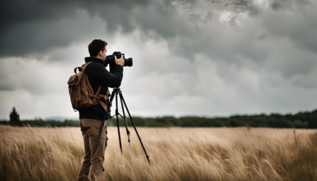 A photographer stands in a field of tall grass, capturing the landscape with their camera on a tripod, with overcast skies as the backdrop.の写真素材