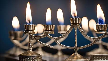 A close-up view of a silver menorah with burning candles. The candles are lit and the flames are...