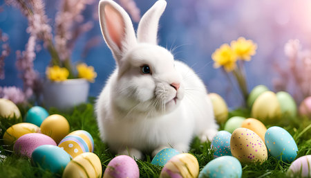 A white bunny rabbit sits in a field of green grass, surrounded by colorful Easter eggs. The image...