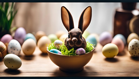A cute bunny rabbit sits in a bowl of colorful Easter eggs. It is a festive scene that celebrates the Easter holiday.の写真素材