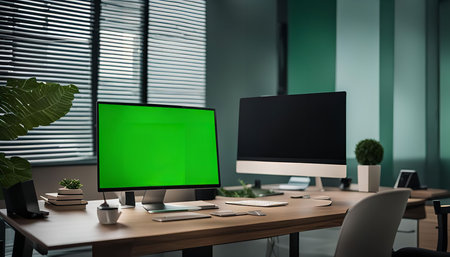 A modern office workspace with a green screen monitor and desk lamp. The desk is clean and organized with a keyboard, mouse, and plant. The workspace is a great example of modern minimalismの写真素材