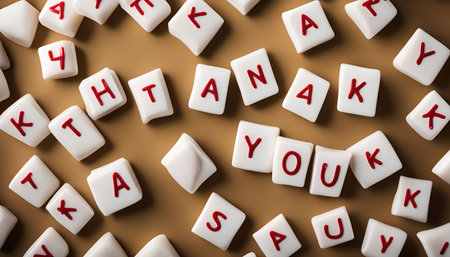 Scrabble tiles spelling out the words 'Thank You' on a brown background. The letters are white with...