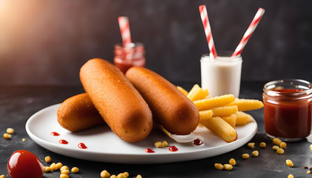 Close-up of three golden brown corn dogs on a white plate with ketchup, fries, and a glass of milk...