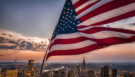 A majestic American flag waves proudly in the wind over a bustling city skyline, capturing the...