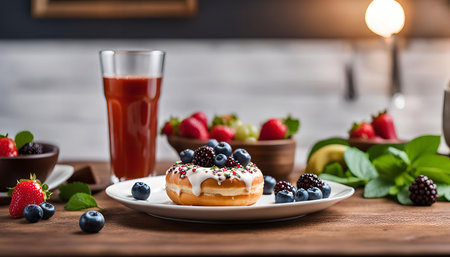A close-up shot of a donut topped with blueberries and blackberries, served on a white plate with a glass of juice and other fruits in the backgroundの写真素材