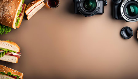 A flat lay photograph featuring sandwiches and cameras arranged on a brown background. The image has...