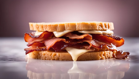 A mouthwatering close-up of a toasted sandwich with crispy bacon, melted cheese, and a golden-brown crust.の写真素材