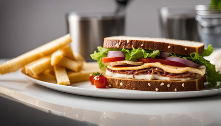A mouthwatering sandwich with fresh ingredients like tomatoes, lettuce, cheese, and meat, served alongside crispy French fries. The perfect meal for any occasion.の写真素材