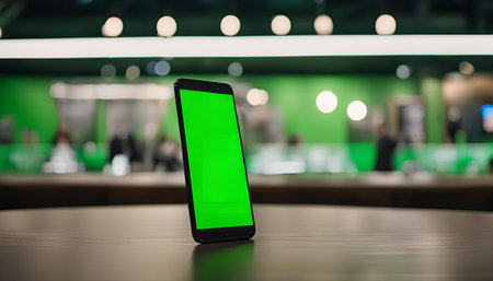 A black smartphone with a green screen on a wooden table in a modern interior setting. The...