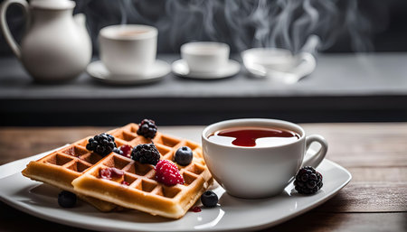 A close-up shot of a plate with waffles topped with berries, accompanied by a steaming cup of tea. The warm colors and cozy atmosphere make for a perfect breakfast setting.の写真素材