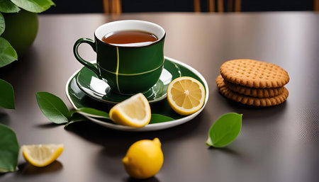 A green teacup with lemon slices and biscuits on a dark table.の写真素材