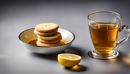 A cup of tea with a lemon wedge and a stack of biscuits on a table.の写真素材