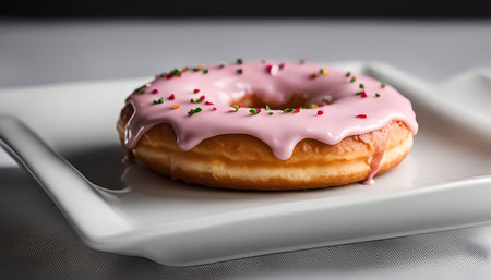 A pink glazed donut with sprinkles, sitting on a white plate. It is a delicious and tempting treat.の写真素材