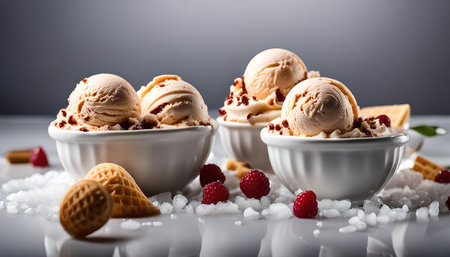 A close-up shot of three white bowls filled with creamy vanilla ice cream scoops, decorated with...