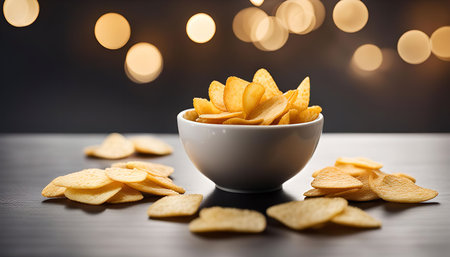 A bowl of crispy potato chips on a wooden table with a blurred background of warm lights. The chips...