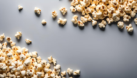 A top-down view of popcorn on a gray background. The popcorn is arranged in a border around the edges of the frame, leaving a central space empty.の写真素材